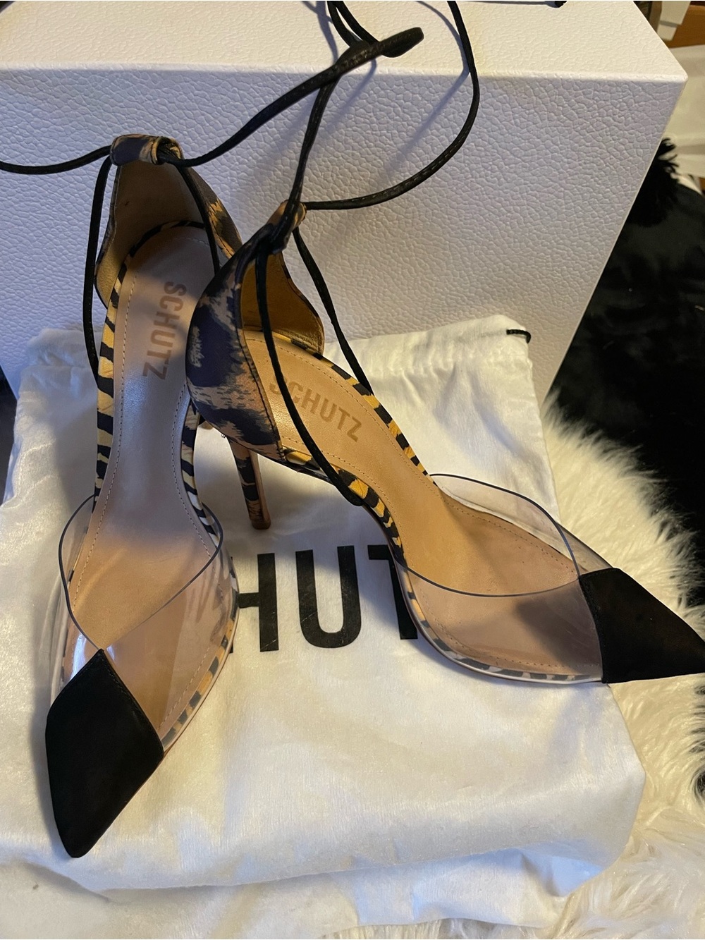 SCHUTZ Black and Leopard satin-Print Pointed-Toe Ankle-Tie Heels Made in Brazil